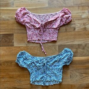 Floral Puff Sleeve Crop Top - Pink and Blue Set